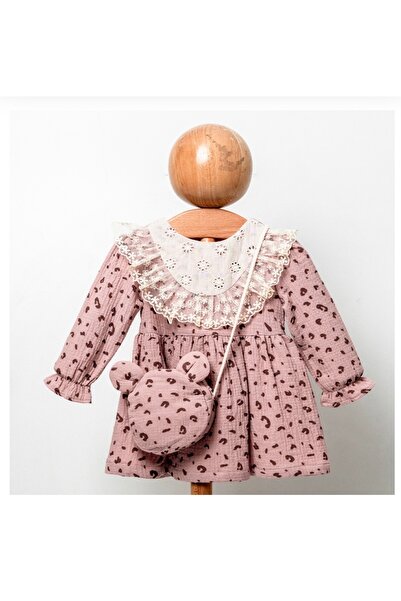 COCOSISS Kız Bebek 9-24 Ay Desenli Kalın Müslin Elbise Çantalı 2’li Takım