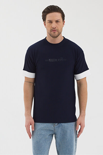 WERRONİ Men's navy blue Jacquard fabric white thick stripe Sleeve Detail Prin...