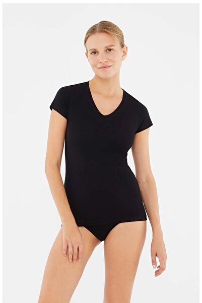 Dagi Kadın V Yaka Basic Atlet Pamuklu Likralı Kısa Kollu – Slim Fit Günlük Ti...