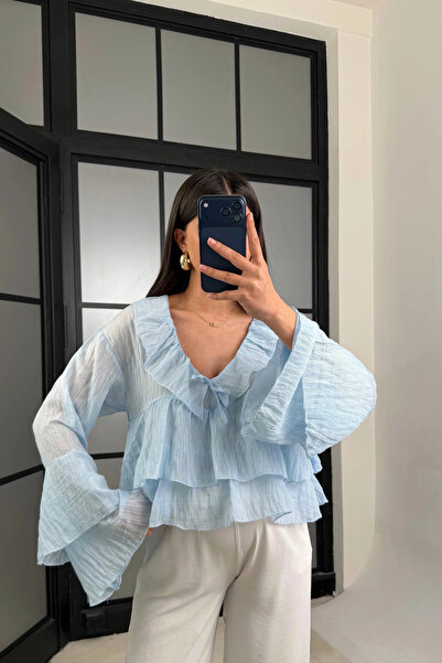 Lusin Women's Blue Ruffle Detail Sheer Blouse