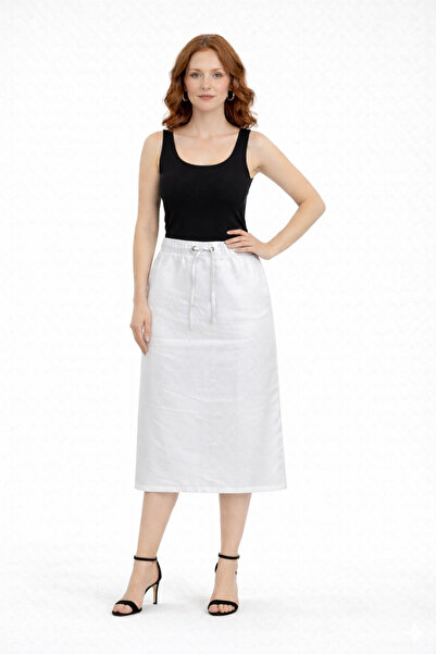 Neden Tekstil White Elastic Waist Lace-Up Pocketed Midi Skirt