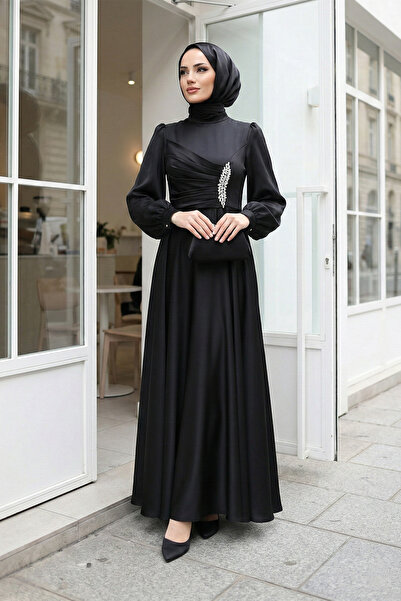 MODAQU Stone Detailed Long Satin Dress - Black