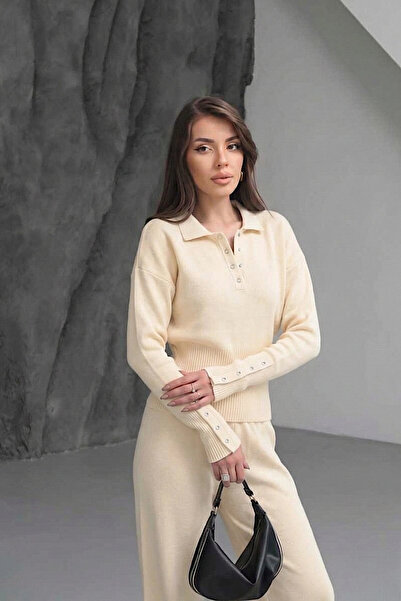 URİS Дамска бежова блуза с копчета и поло яка, широки панталони, комплект от ...