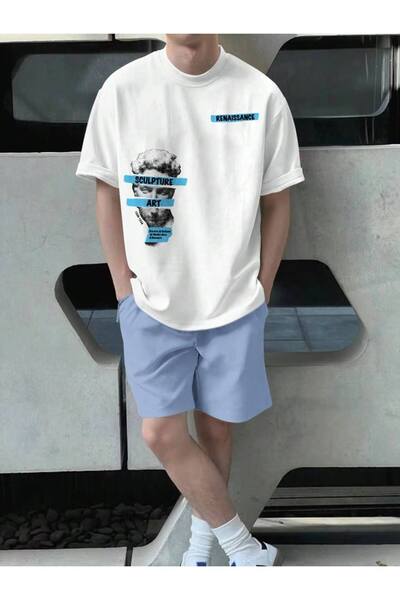 LEONE KOLEKSİYON White&Blue Heykel Printed Short Sleeve T-Shirt and Shorts Tw...