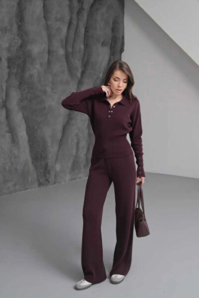 Lusin Γυναικείο Σετ Πλεκτό Διπλό Σύνολο με Λεπτομέρεια από Κουμπωτό Καφέ Υφάσ...