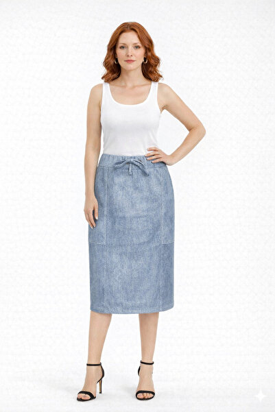 Neden Tekstil Baby Blue Double Pocketed Midi Skirt with Elastic Waist