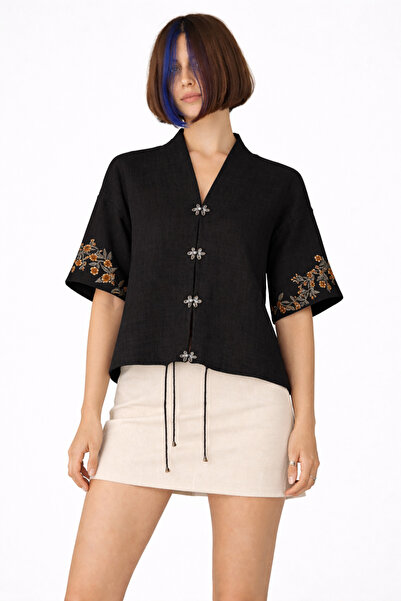 Nulivez Women's Short Sleeve Shirt – Ethnic Floral Embroidery, Buttoned Moder...