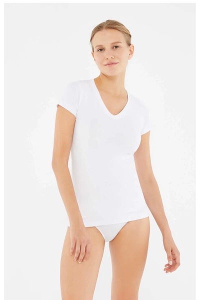Dagi Kadın V Yaka Basic Atlet Pamuklu Likralı Kısa Kollu – Slim Fit Günlük Ti...