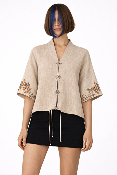 Nulivez Women's Short Sleeve Shirt – Ethnic Floral Embroidery, Buttoned Moder...