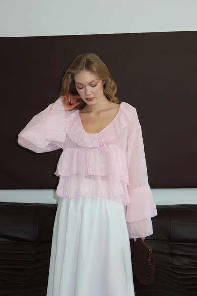 Lusin Bluză albă de damă detaliu cu volane transparent