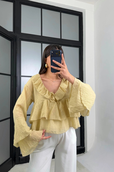 Lusin Women's Oil Green Ruffle Detail Sheer Blouse