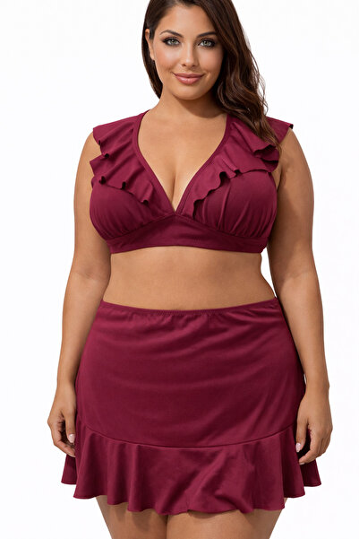 PİAURA Toparlayıcı Etekli Mayo Bordo Büyük Beden Kadın Mayo