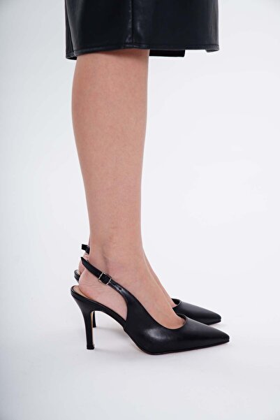 nuvilo Black Skin 8.5 cm Belt Strap Pointed Toe Stiletto Thin Heels Women's S...