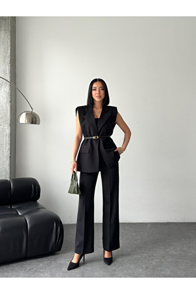 Bukamiss Plus Takım Gold Toka Kemerli Vatkalı Zarif Oversize Yelek ve Pantolo...