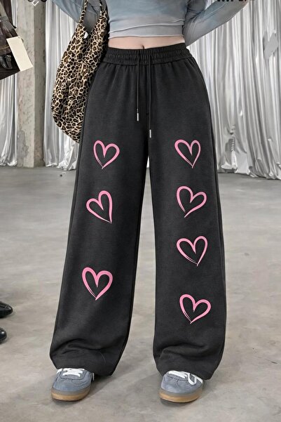 Le Vion Women's Heart Print Detailed Oversized Wide Leg Relaxed Fit Sweatpants