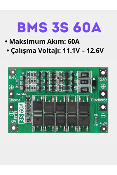 RoboPazar BMS 3S 60A Li-Ion 18650 Batarya Koruma Kartı