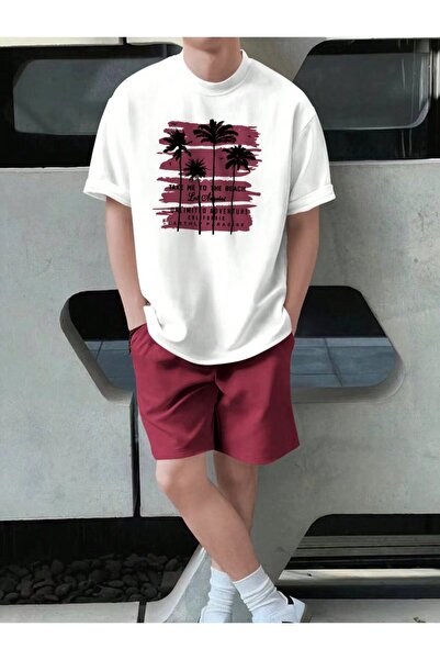 LEONE KOLEKSİYON White&Burgundy Tropical Printed Short Sleeve T-Shirt and Sho...