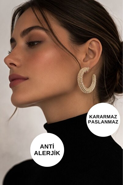 Women's Anti-Allergic Blackout Waterproof Diamond Zircon Stone Crescent Gold Color Steel Earrings Models