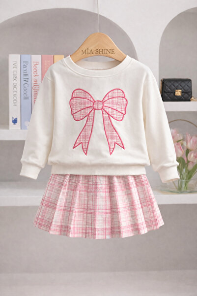 MİA SHİNE S Girl's Bow Embroidered Sweatshirt Plaid Pattern Skirt Combination...