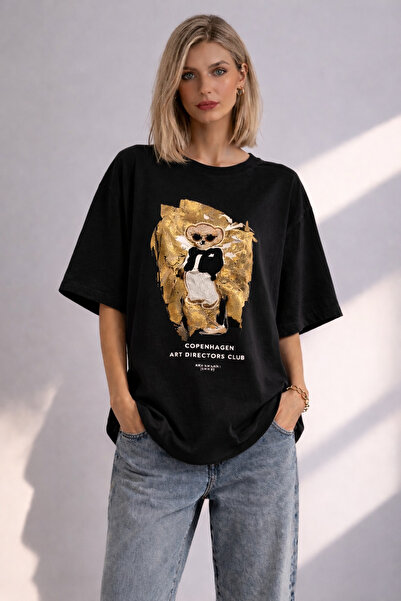 KAREL BUTİK Γυναικείο μπλουζάκι με στάμπα σε μαύρο χρώμα, 100% οργανικό βαμβά...