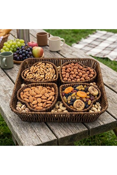 Genel Markalar Çetiner Group® 5 Parça,4 Kalp Formlu Plastik Rattan Sunum ve Kahvaltı Seti-Bölmeli Çerezlik ve Meyvelik-Doğal Hasır Görünümlü Tepsi ve Sunum Tabakları