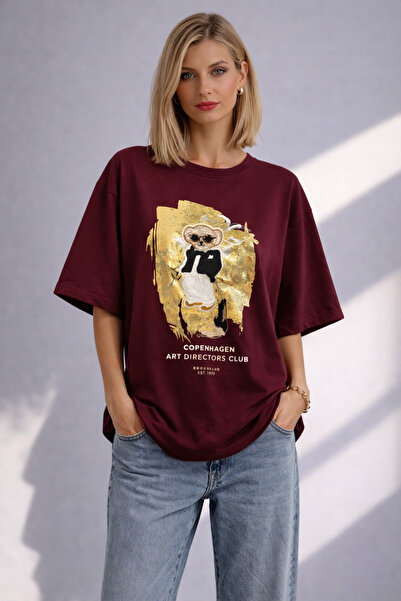 KAREL BUTİK Γυναικείο μπλουζάκι με στάμπα σε μπορντό χρώμα, 100% οργανικό βαμ...