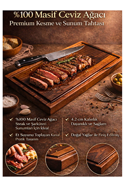 Hulyomer Hub Masif Ceviz El Yapımı Kalın Kesme Tahtası 41x23,6x4,2 cm – Premi...