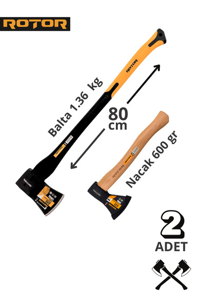 Rotor Fiber+Ahşap Saplı 1360gr+600gr 2’li Balta Nacak Seti