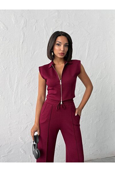 MEECY Women's Polo Collar Zippered Cropped Vest and Wide Leg Pants Two-Piece Set