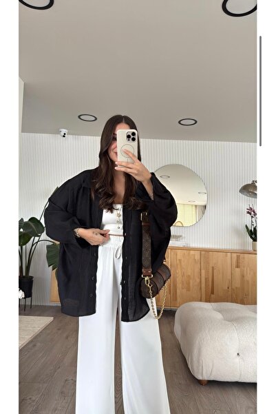 Selin Damla Siyah Tensel Kumaş Düşük Omuzlu Oversize Gömlek