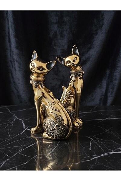 Muhtelif 21 cm 2'Li Altın Reng Kedi Biblo - Lüks Görünümlü Dekoratif Heykel, ...