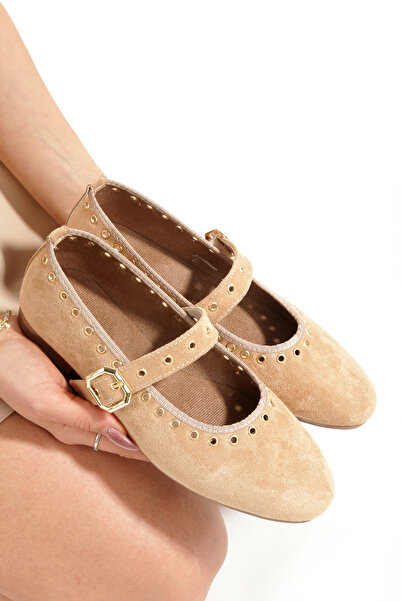 PAYZİN Camel Suede Round Toe Piece Capsule Helmet with Cap Orthopedic Flat So...