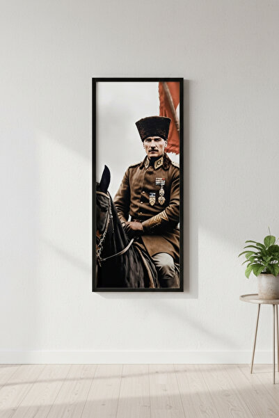 FourArts Atatürk At Üstünde Tablo 25x60 cm Dikey Siyah Çerçeveli Duvar Dekoru...