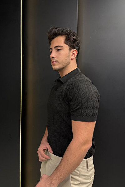 sunfyre Men Slim Fit Patterned Polo Neck Short Sleeve Knitwear T-Shirt Sun296