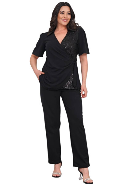 rotop Elegant outfit, Mart, black color, wrap blouse and sequin details