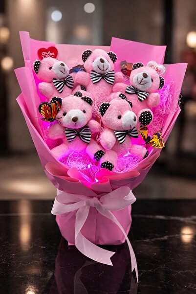 greendeco Led ışıklı pembe ayıcık buketi -kelebek’li ayıcık aranjman -sevgili...