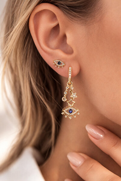 Belasso Women's Gold Color Blue Stone Evil Eye Detailed Dangle Xuping Earrings