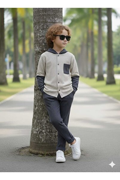 Pegai Tekstil Boy's Hooded Shirt and Pants Set 5-14 Years