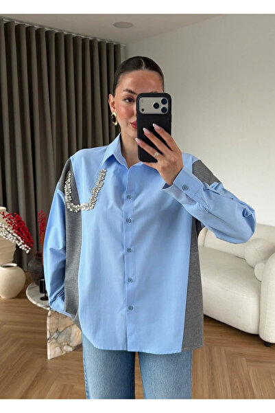 Selin Damla Kadın Triko Mixli Taşlı Mavi Gömlek