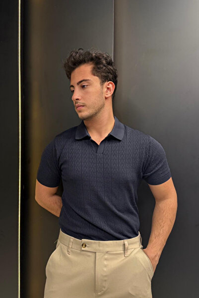 sunfyre Men Slim Fit Patterned Polo Neck Short Sleeve Knitwear T-Shirt Sun296