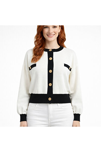 Neden Tekstil Black and White Contrast Striped Knitwear Cardigan with Gold Bu...