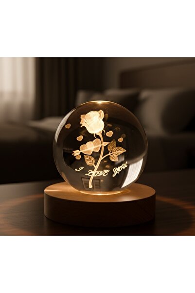 Kuzey Tacı Eternal Love I Love You Yazılı Gül Tasarımlı 3D Kristal Küre Ahşap...