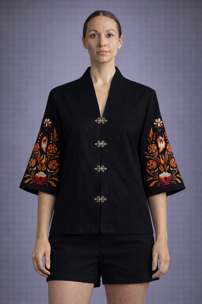 Nulivez Women's Short Sleeve Jacket – Ethnic Floral Embroidery, Buttoned Mode...