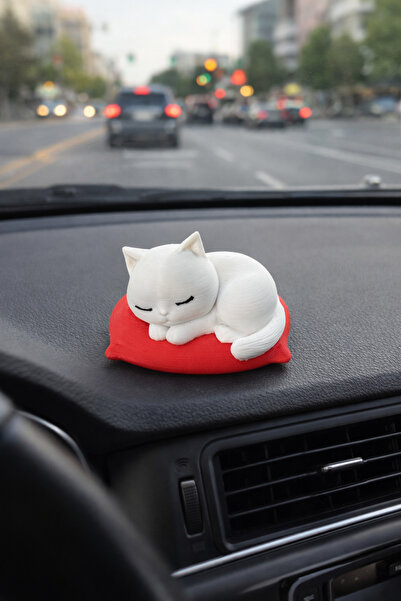 Rex Aksesuar Yastık Üstünde Yatan Sevimli Mini Kedi Torpido Süsü - Yastıkta Ü...