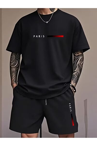 puolikuu Men's Oversized Tracksuit with Shorts - Cizgi Paris Printed T-Shirt ...