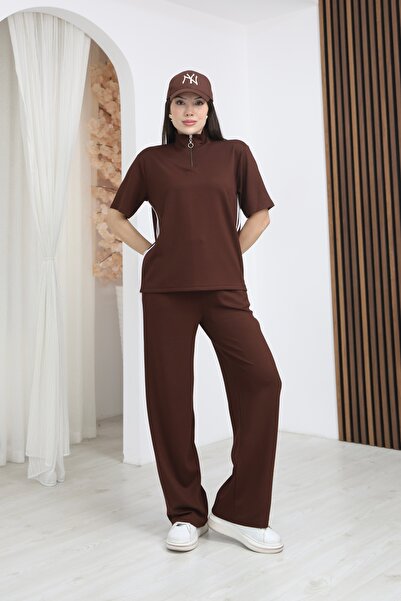 02Lady Fashion Υφασμάτινο σετ φόρμας με λεπτομέρεια ρίγας και μισό φερμουάρ Μ...