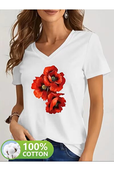 yombaa Printed T-Shirt. Short Sleeve V-Neck Summer & Spring Casual Top, Women...