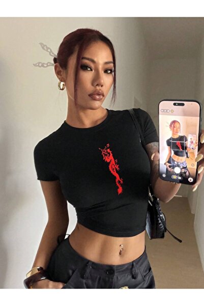 OVER HEAD Women's Dragon Y2K Printed Bayb Tee Cropped