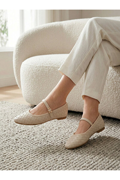 LORENN SHOES Violet Beige Matte Knit Patterned Gold Buckle Detail Flat Sole W...