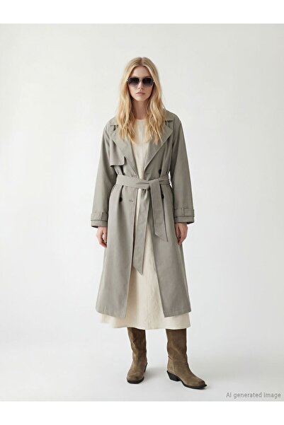 LC Waikiki Xside khaki Double-Breasted collar belted women's trench coat
